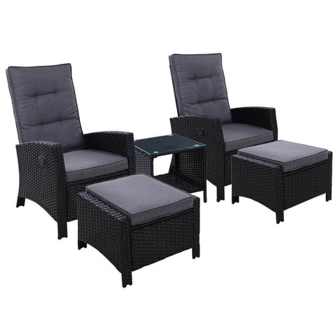 5Pc Recliner Chairs Table Sun Lounge Wicker Outdoor Furniture Black