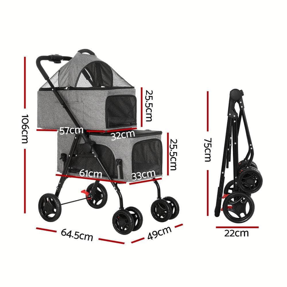 Pet Stroller 2-tier Dog Pram Large Cat Carrier Travel Pushchair Foldable