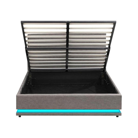 Queen Bed Frame LED Mattress Base with Gas Lift and Storage Space Grey
