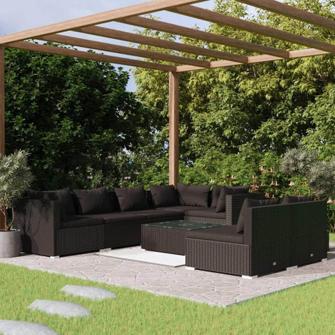 Rattan Noir Comfort Haven: 8-Piece Garden Lounge Set in Stylish Black with Plush Cushions