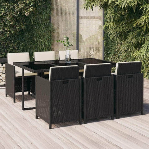 Rattan Noir Dining Splendor: 7-Piece Garden Dining Set in Black with Plush Cushions