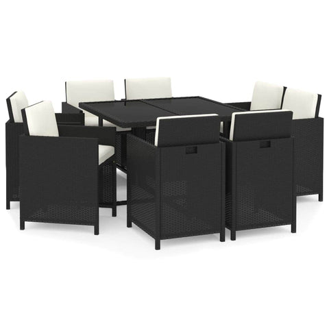 Rattan Noir Feast: 9-Piece Black Poly Rattan Garden Dining Set with Plush Cushions