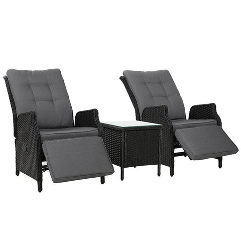 3Pc Recliner Chairs Table Sun Lounge Outdoor Furniture Wicker Black