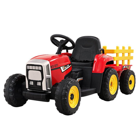 Ride On Car Tractor Trailer Toy Kids Electric Cars 12V Battery Red