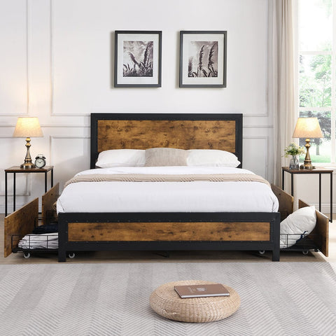 Rustic Metal Bed Frame with 4 Drawers - Stylish and Space-Saving