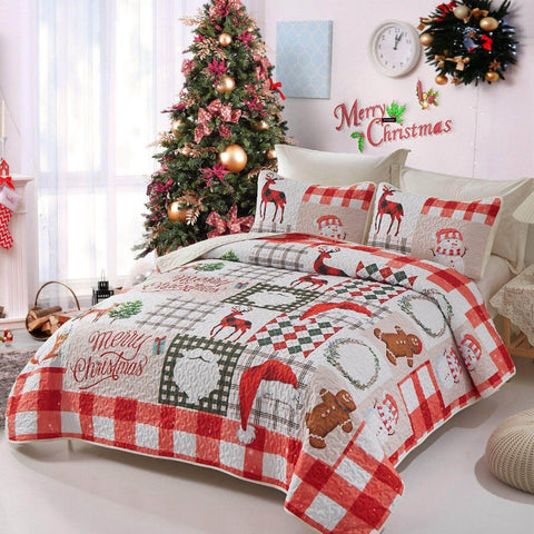 Santa & Reindeer Christmas Queen Bedspread Set