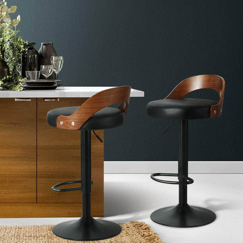 Set Of 2 Bar Stools Kitchen Gas Lift Wooden Stool Metal Barstools Black Swivel