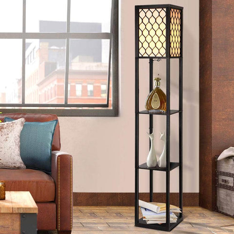Shelves Floor Lamp Vintage Wood Standing Reading Light Storage Livingroom