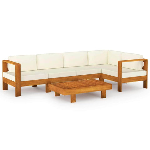 Six Piece Garden Lounge Set with Cream White Cushions Acacia Wood