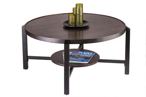 Stylish Black Round Coffee Table with Copper Finish Top and Storage Shelf