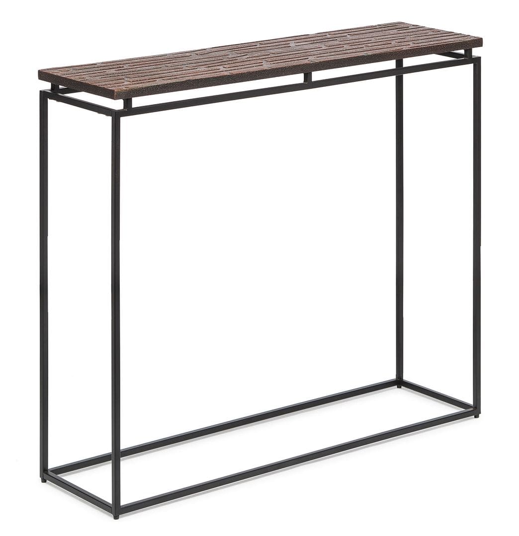 Stylish Modern Narrow Console Table with Copper Textured Wood Top for Hallways