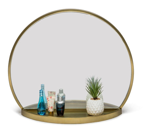 Stylish Round Table Wall Mirror with Shelf Storage in Antique Brass