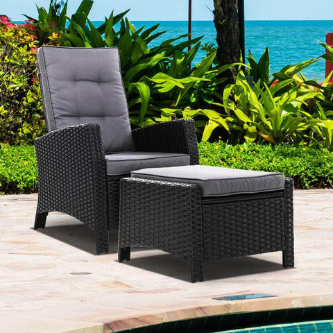 Sun lounge Recliner Chair Wicker Lounger Sofa Day Bed Outdoor Furniture Patio Garden Cushion Ottoman Black