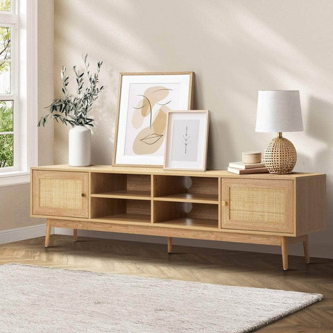 TV Stand Cabinet Entertainment Unit 180cm Rattan Doors Oak