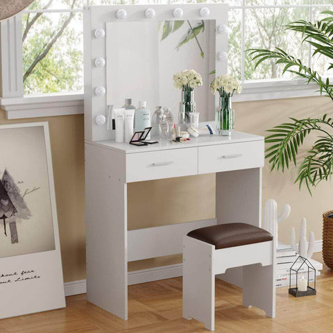 Vanity Set With Cushioned Stool And Lighted Mirror- White
