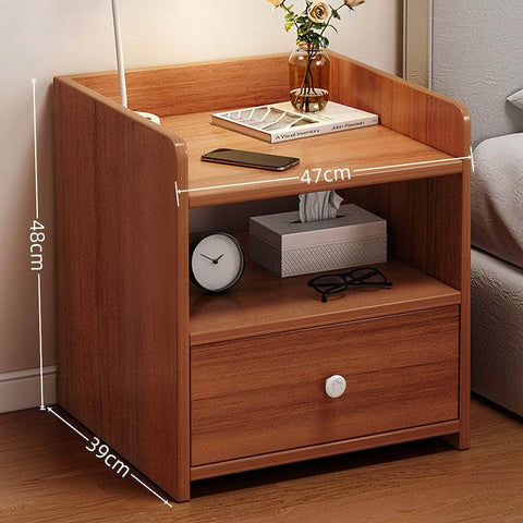 Vintage Bedside Table Walnut Raised Tray Open Shelf Drawer White Knob 48cm