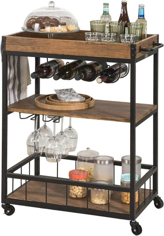 Vintage Style Wood Metal 3 Tiers Kitchen Serving Trolley with Wine Rack (Brown)