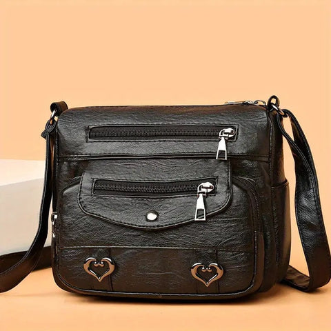 Vintage Women's Faux Leather Crossbody Bag with Heart Decor & Multi Pockets - Perfect Shoulder Purse