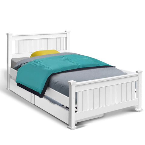 Bed Frame Single Size Wooden With 2 Drawers White Rio