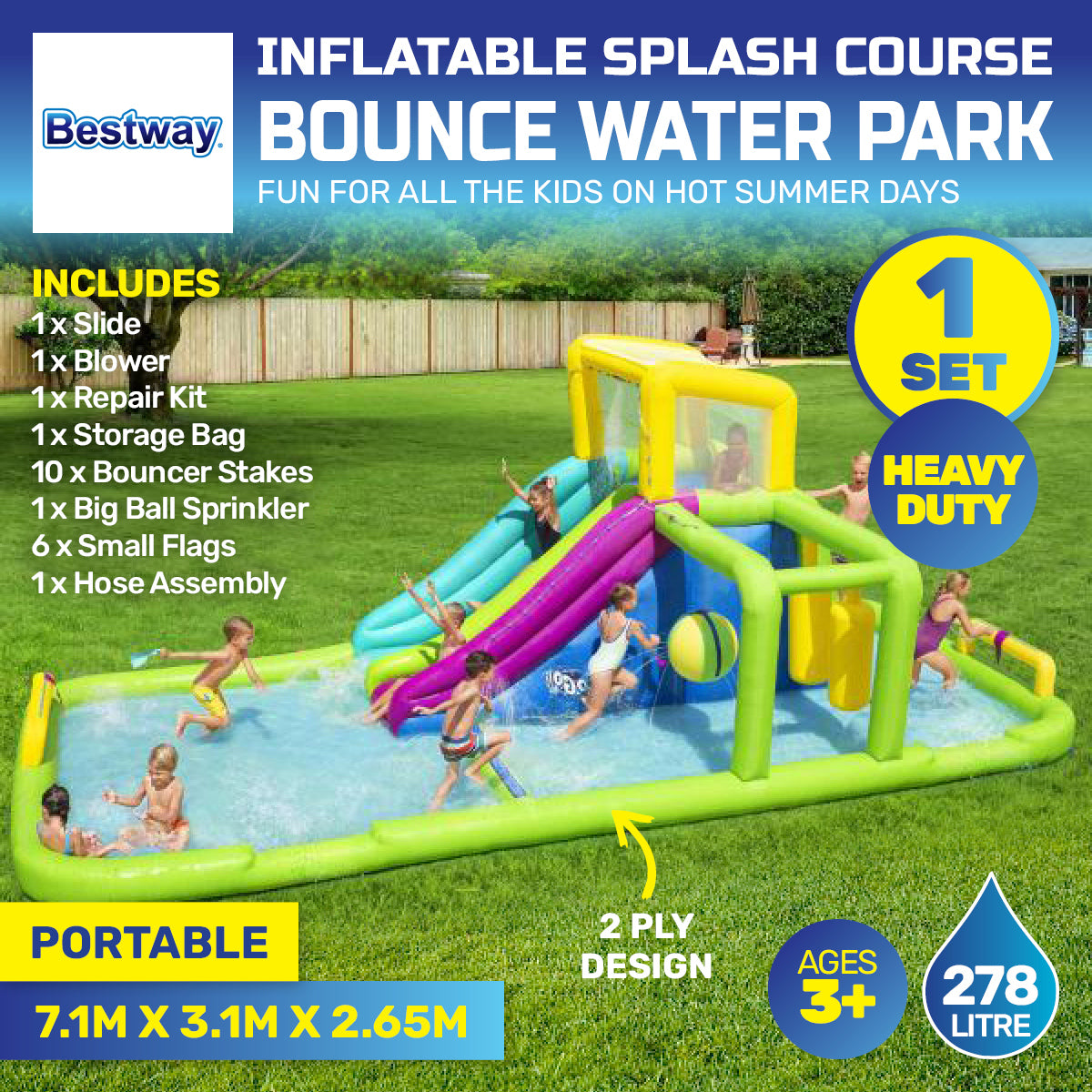 Inflatable Splash Course Water Park Double Slide & Motor