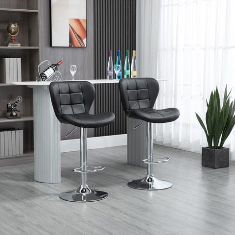 2x Counter Height PU Leather Upholstered Adjustable Height Swivel Bar Stools -Black