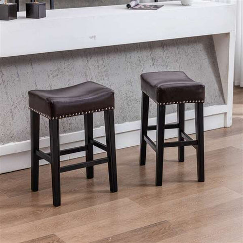 2X Wooden Legs Saddle Bar Stools Backless Leather Padded Counter Chairs 66Cm