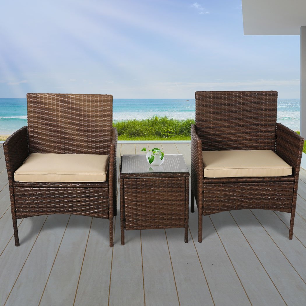 outdoor furniture 3 Pcs Chair Table Rattan Wicker Outdoor Furniture Brown