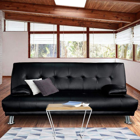 3 Seater Faux Leather Sofa Bed Couch Lounge Futon - Black