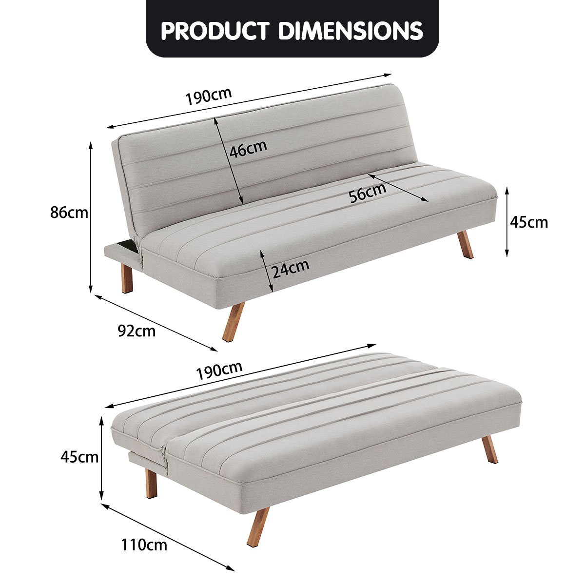 indoor furniture 3 Seater Modular Linen Fabric Sofa Bed Couch Futon - Beige