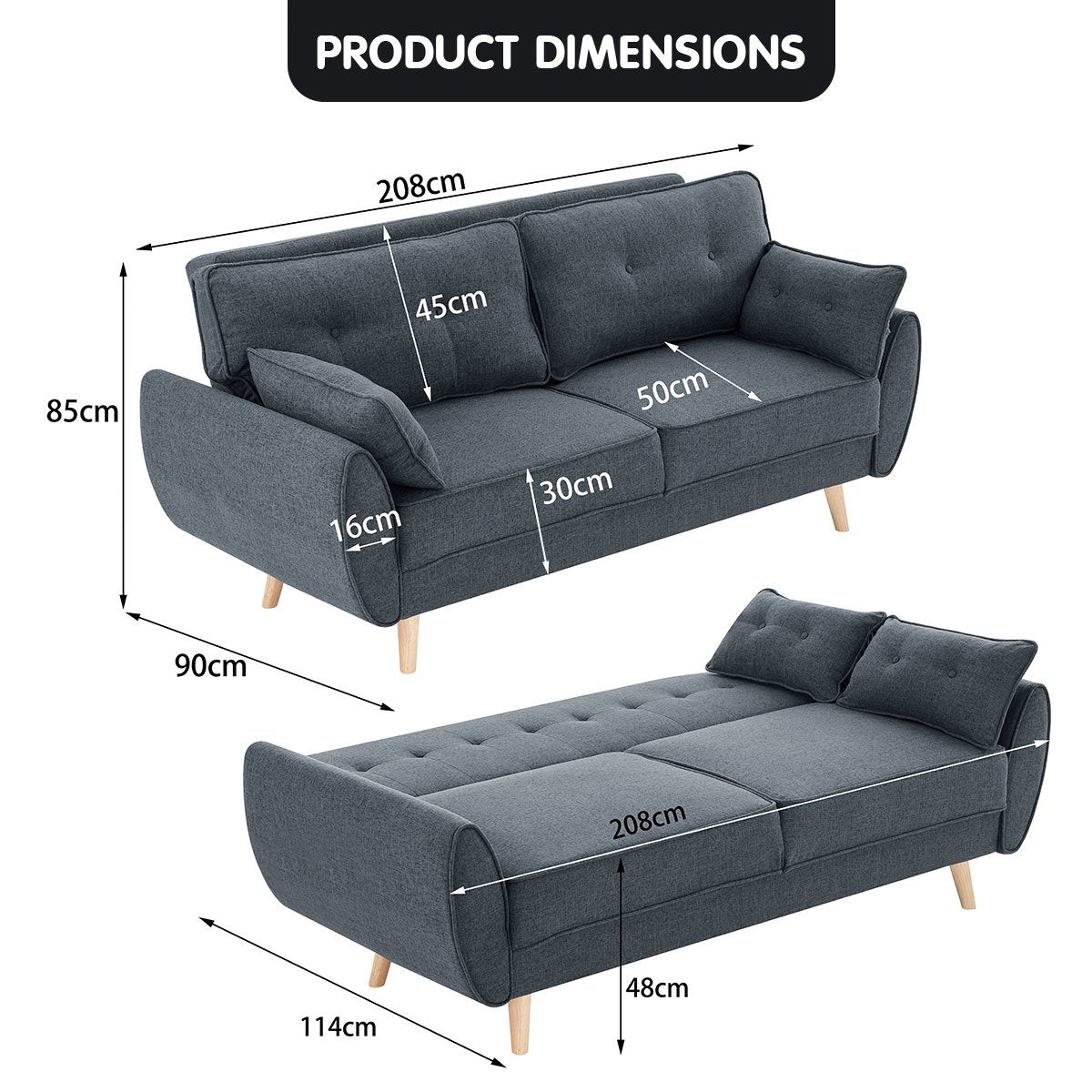 indoor furniture 3 Seater Modular Linen Fabric Wood Sofa Bed Couch- Dark Grey