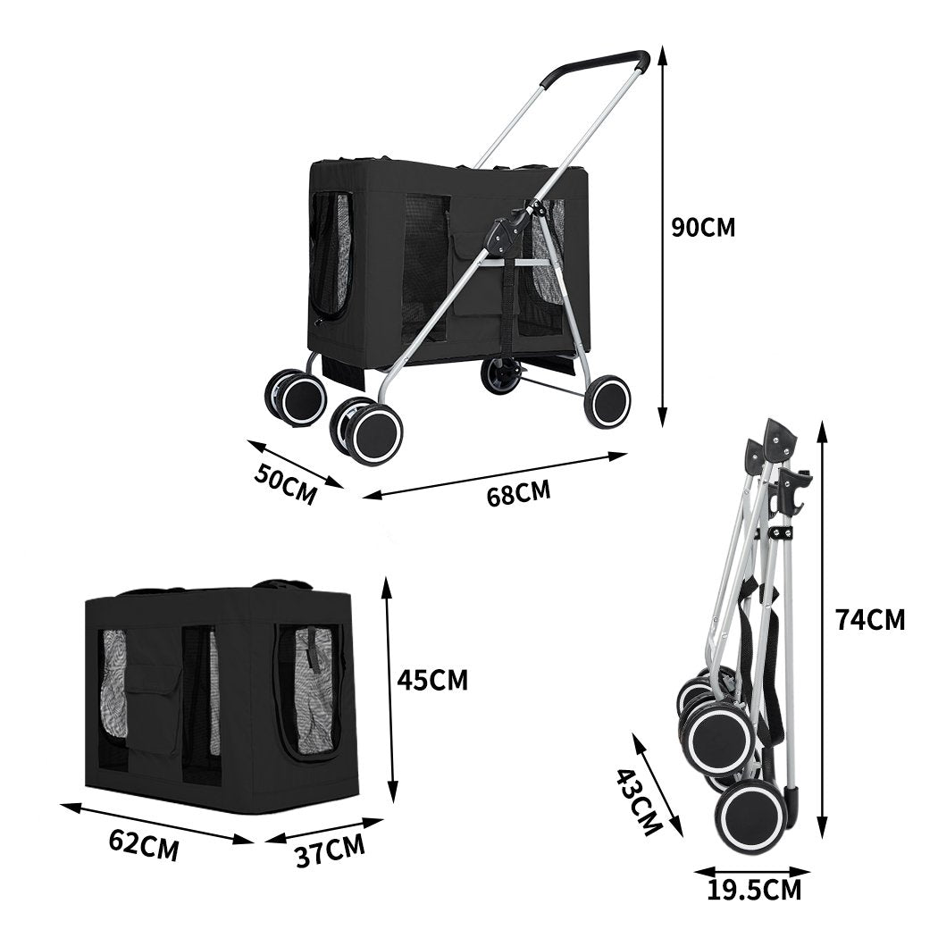 pet products 4 Wheels Pushchair Foldable Pet Stroller - Black