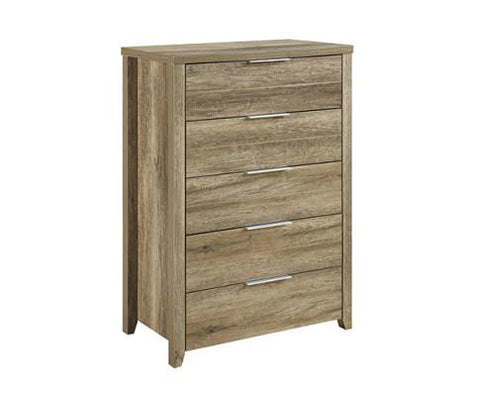 Oak-Colored Tallboy With 5 Storage Drawers