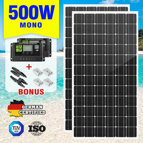 500W 12V Mono Solar Panel Kit Caravan Power Battery Charging Pair 250w