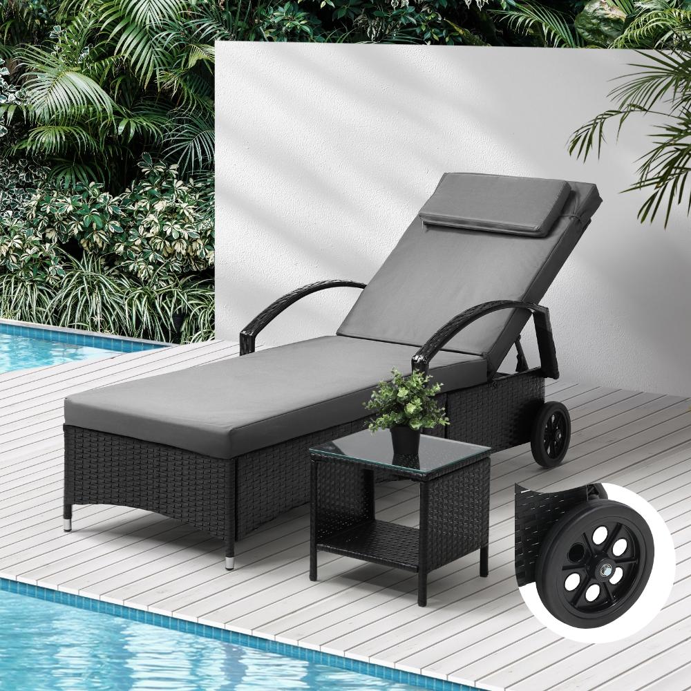 Sun Lounger Wheeled Day Bed with Table Set Outdoor Patio