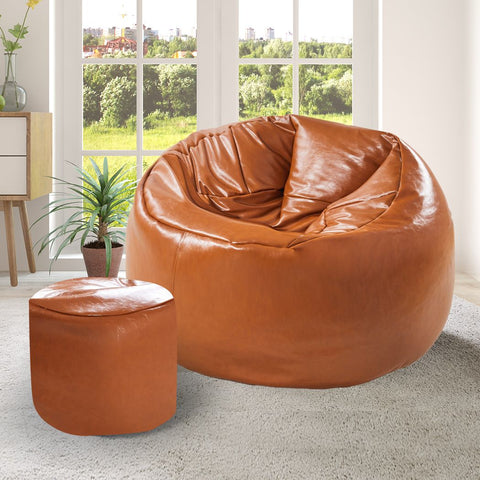 Bean Bag Chair Cover With Foot Stool PU leather Game Seat Biege Large