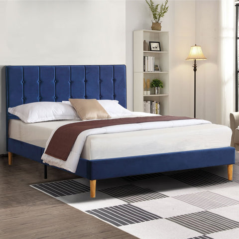 Bedroom Bed Frame Double Size Mattress Base Platform Wooden Velevt Headboard Blue
