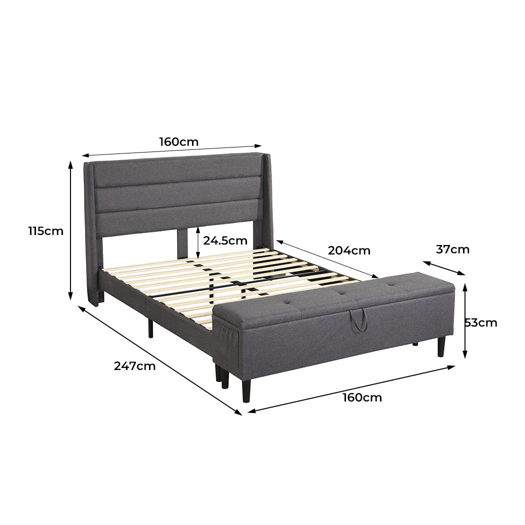 Bedroom Bed Frame Fabric Queen Size Mattress Base Wooden Platform Storage Ottoman
