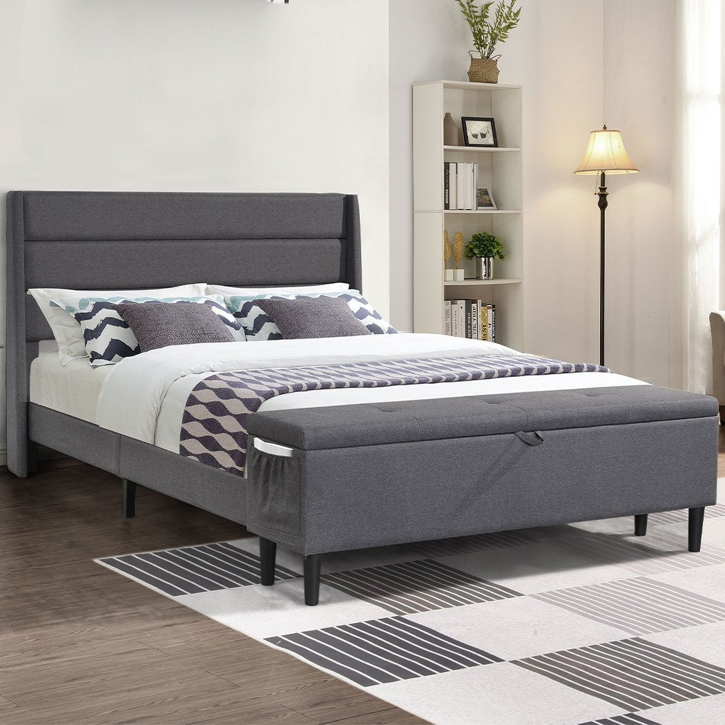 Bedroom Bed Frame Fabric Queen Size Mattress Base Wooden Platform Storage Ottoman