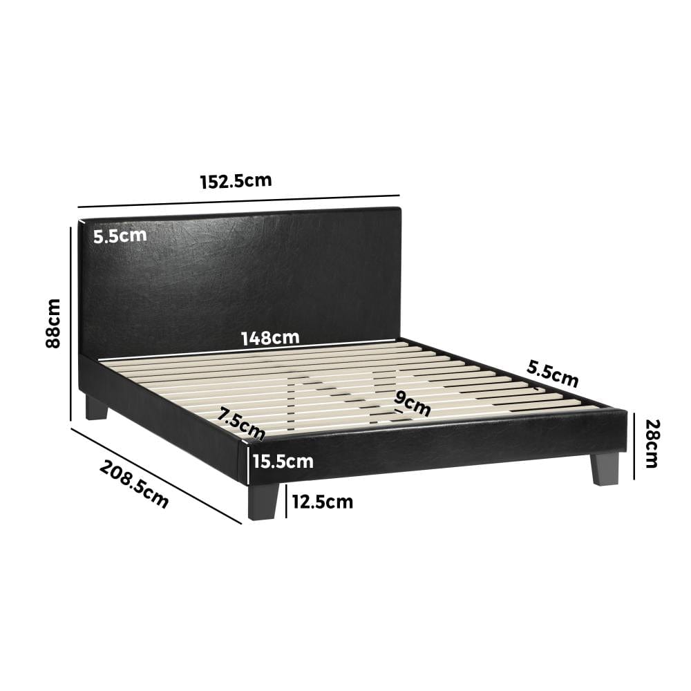 Bed Frame Queen Size Base Mattress Platform Leather Wooden Slats Black