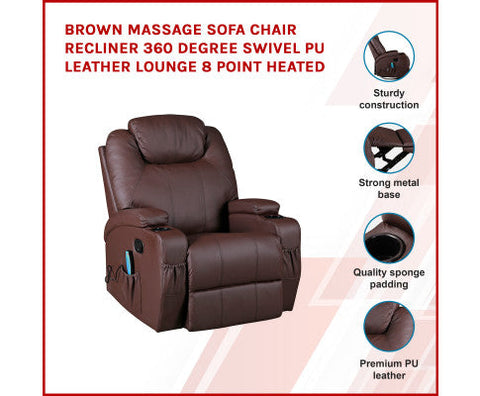Brown Massage Sofa Chair Recliner Swivel Leather 8 Point Heated