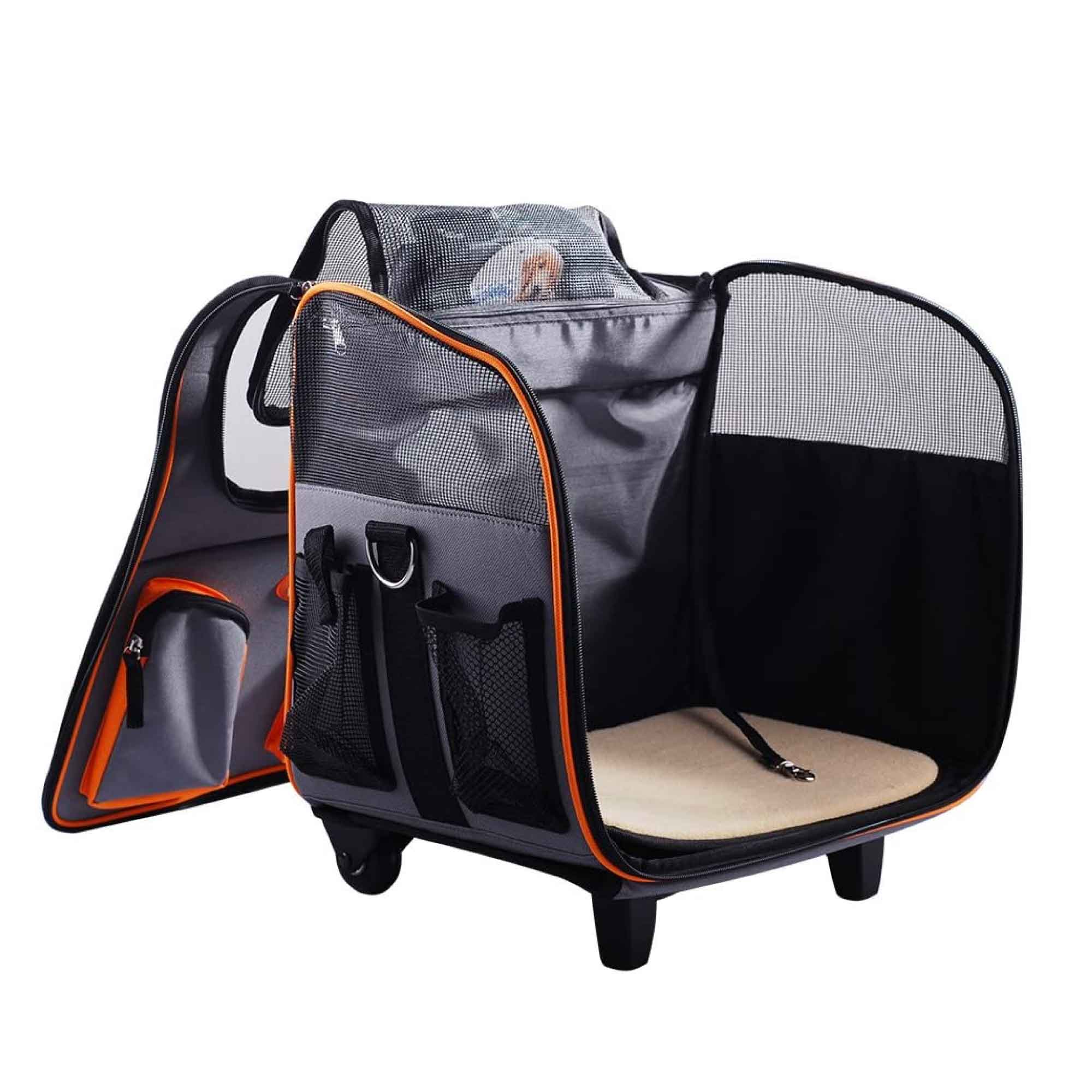 Convenient Pet Trolley: Portable, Foldable Dog Cat Carrier Cart with Wheels for Travel - Orange