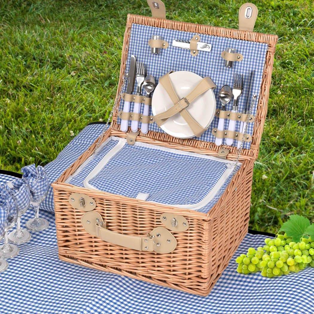 camping / hiking Deluxe 4 Person Picnic Basket Baskets Set Outdoor Corporate Blanket Park Trip
