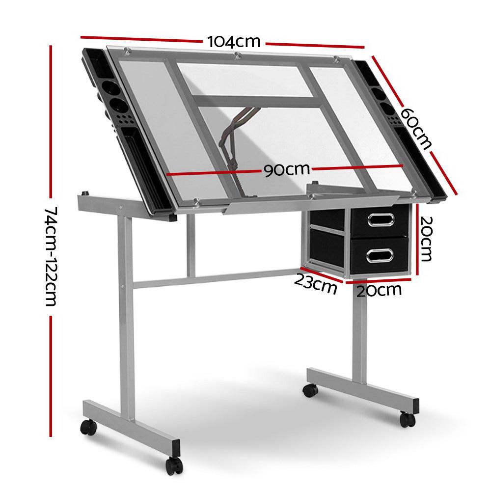 early sale simpledeal Drawing Desk Drafting Table Craft Adjustable Glass Art Tilt Drawers Grey