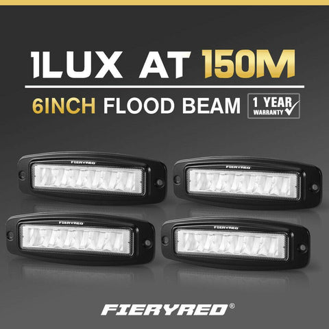 FIERYRED 4x 6inch CREE Flush Mount LED Work Light Bar Flood Reverse 4WD