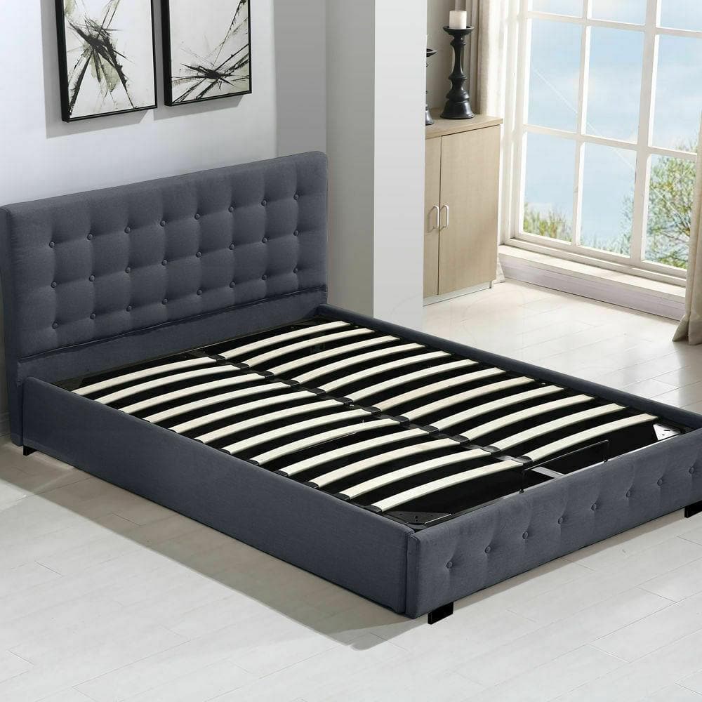 bedroom Gas Lift Bed Frame Fabric Base Mattress Storage Double Size Dark Grey