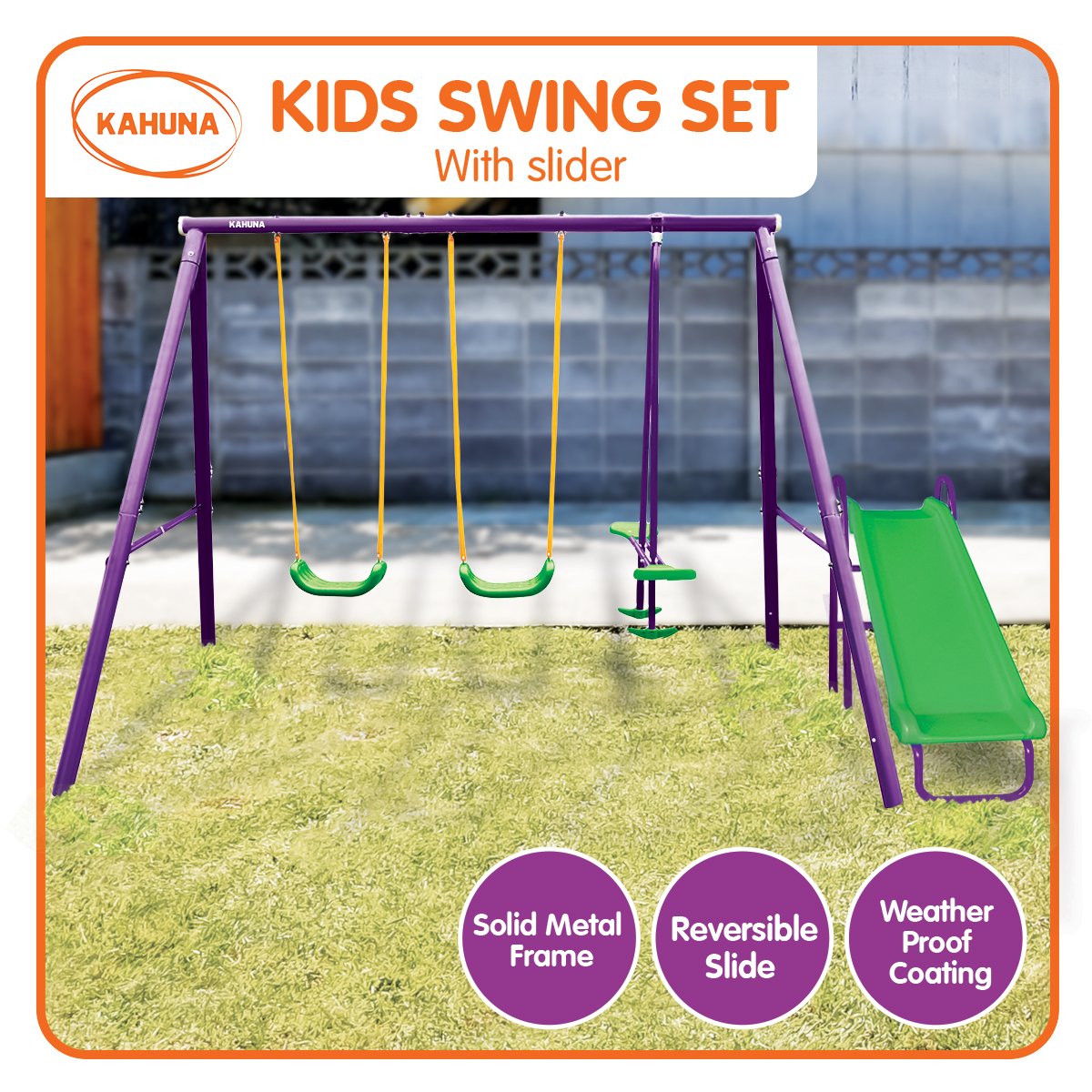 outdoor toys Kids 4-Seater Swing Set with Slide Purple Green