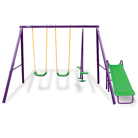 outdoor toys Kids 4-Seater Swing Set with Slide Purple Green