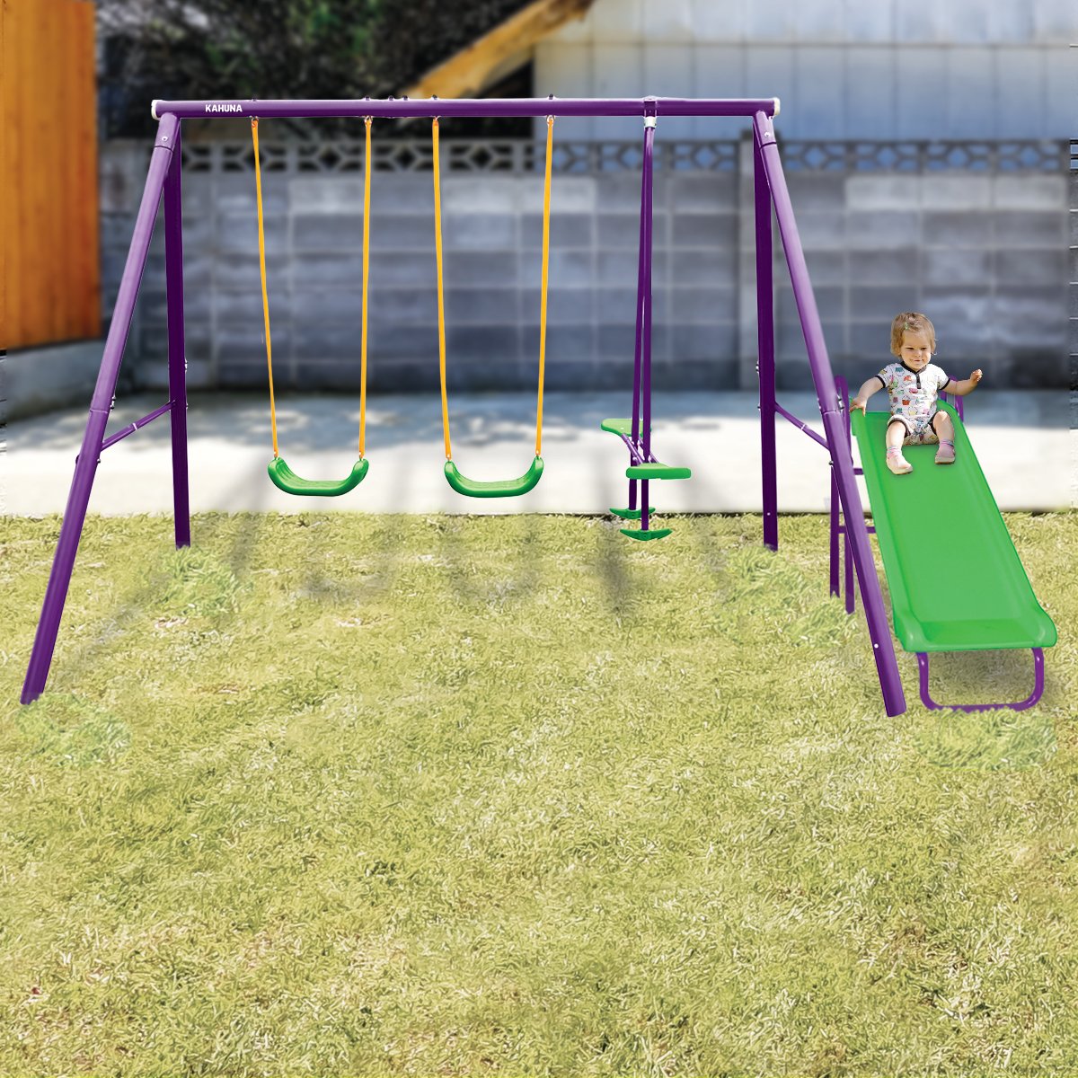 outdoor toys Kids 4-Seater Swing Set with Slide Purple Green
