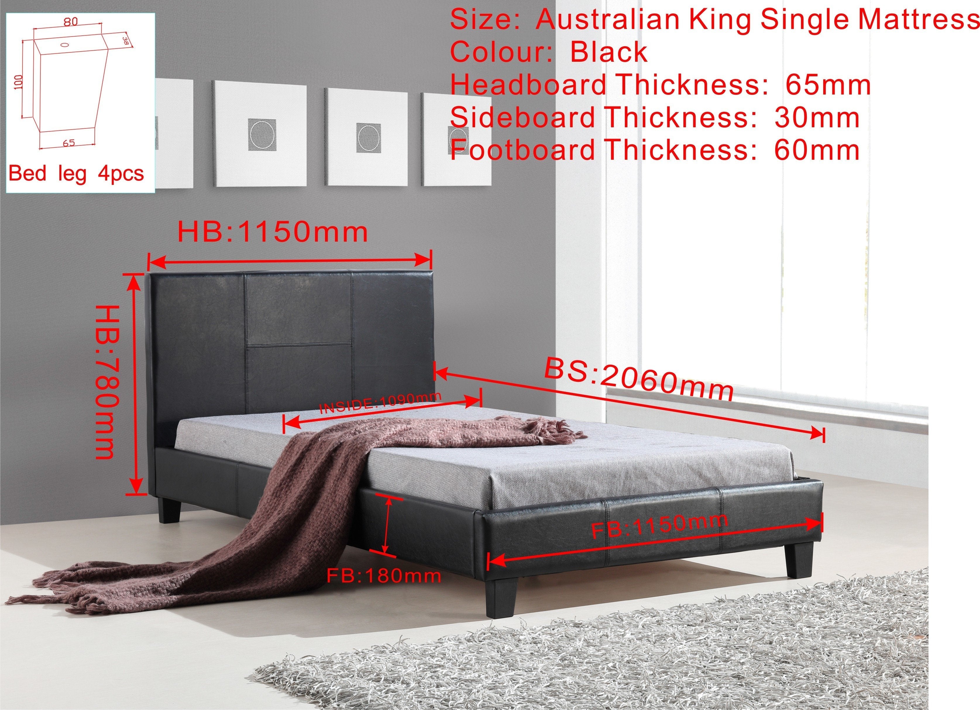 Bedroom King Single PU Leather Bed Frame Black
