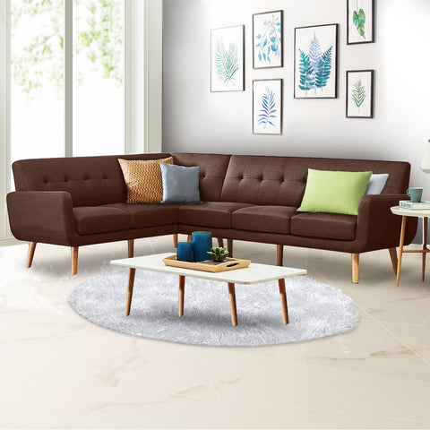 indoor furniture Linen Corner Wooden Sofa Lounge L-shaped Futon with Chaise Brown